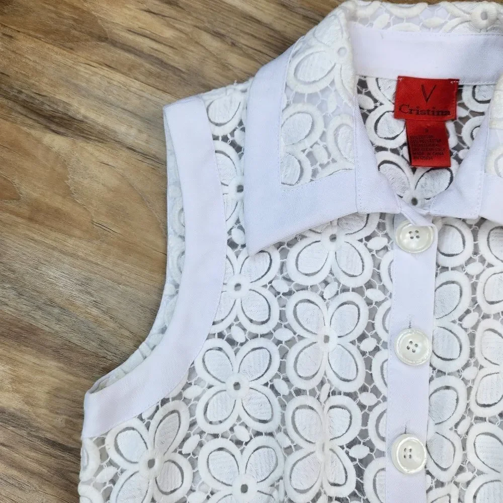☔️🩵Vintage V Cristina White Buttoned Embroidered Lace Sleeveless Top Small - Picture 5 of 11
